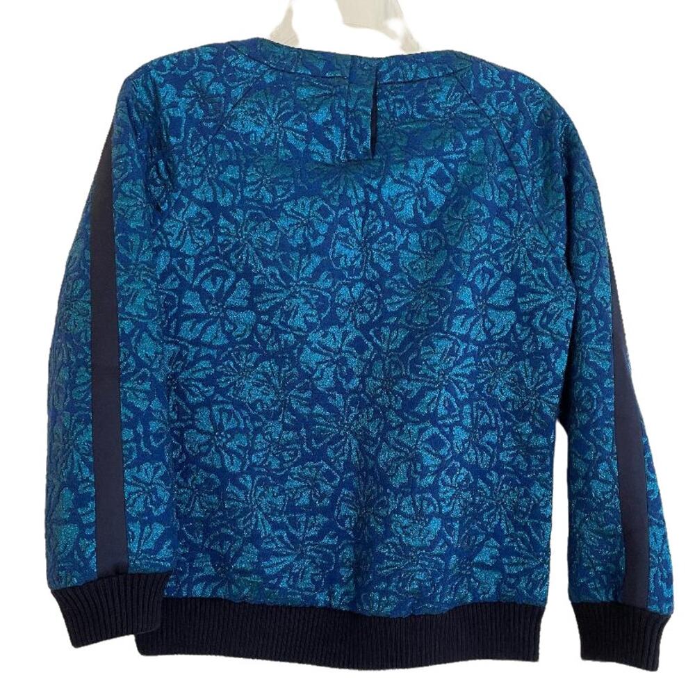 J Crew Floral Jacquard Knit Sweatshirt Blue Metallic Crew Neck Long Sleeve Top S - Picture 2 of 8